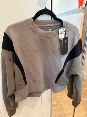 YPB Taupe Cropped Crewneck Sweatshirt with Black Accents